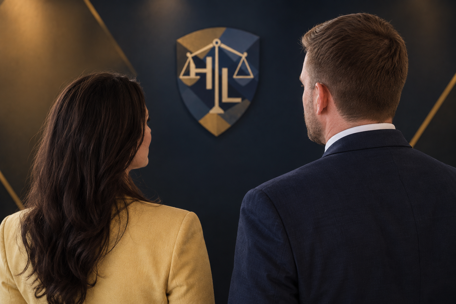 Huttar Law team in front of firm logo